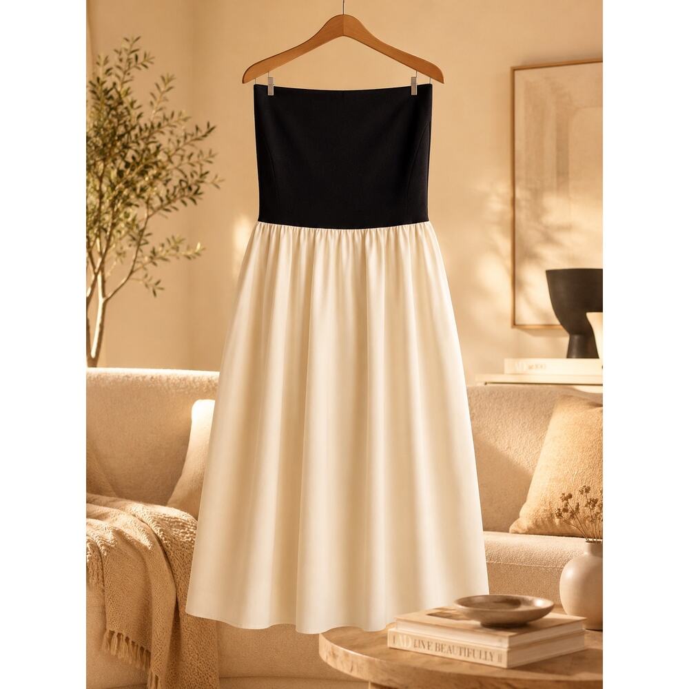 Pistola Mavo Strapless Midi Dress XL NWT Black Cream Tube Pocket Knit Minimalist